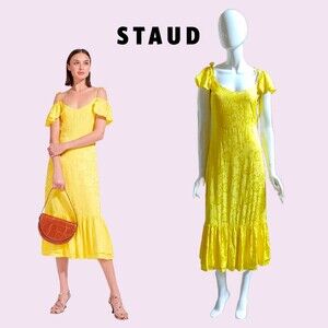 STAUD NEW Dopamine MARWA BUTTERCUP Tie Shoulders Flutter Sleeve Midi Dress 4